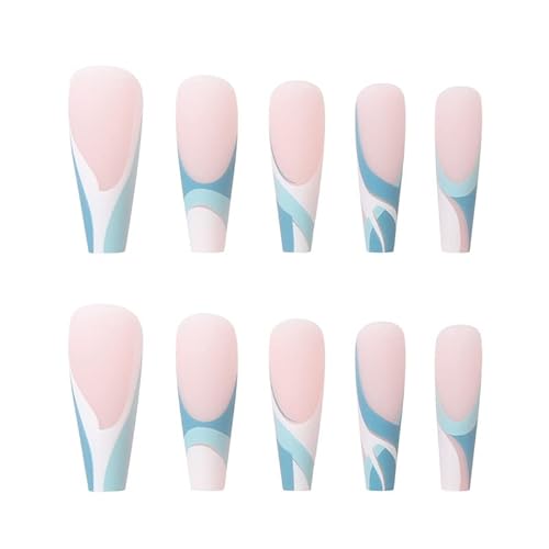 Kithue False Nails Striped White And Blue Long French Tip Press On Nails Ballerina Fake Nails For Women And Girls #TOP1