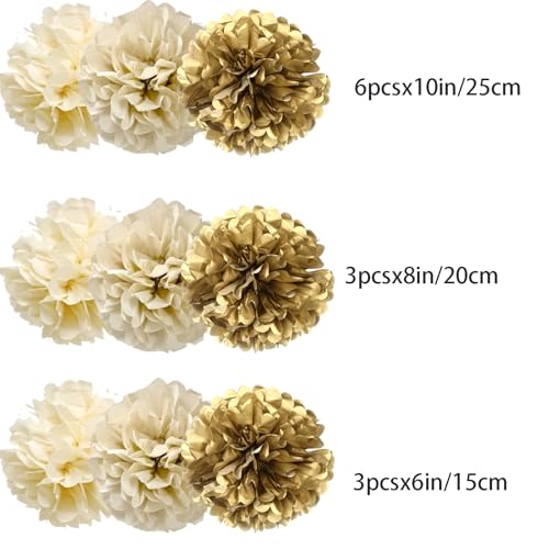 Image of Gold Champagne Gold and Ivory Paper Pom Poms for Wedding Birthday Gold Party Decoration - Ceiling Wall Hanging Tissue Flowers - 12pcs 3 Colors of 12 Inch 10 Inch 8 Inch