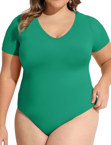 Image of COOTRY Plus Size Short Sleeve Bodysuits for Women V Neck Body Suit Tops Basic One Piece Bodysuit T Shirt