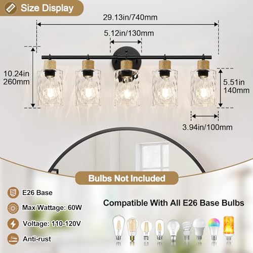 Image of MOKATNG Bathroom Light Fixtures, 5-Light Coastal Vanity Lights with Crystal Glass Shade, Black Bathroom Wall Lamp for Mirror Kitchen Hallway Cabinet