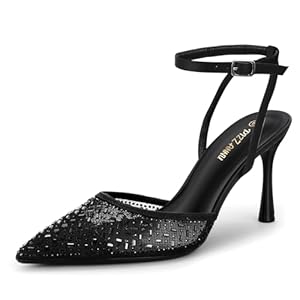 PIZZ ANNU Women’s Cienna High Heels Sexy Stiletto Pumps Closed Toe Mesh Sparkly Rhinestones Ankle Strap Dress Wedding Party Pumps Shoes