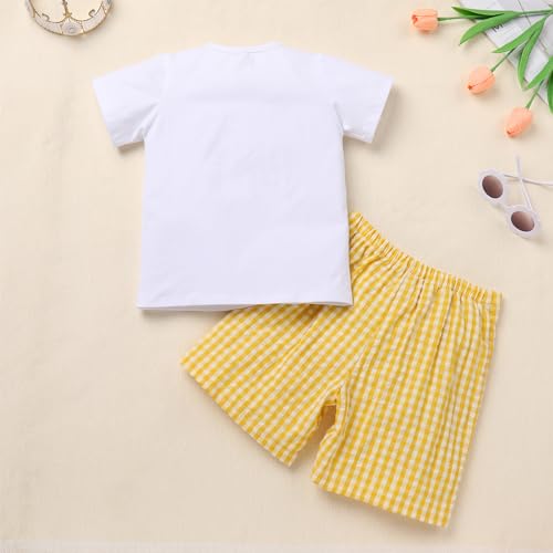 Image of OBEEII Back to School Outfit Toddler Boy Short Sleeve Graphic Shirt Gingham Shorts First Day of School Summer Clothing Set