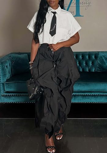 Image of Lucuna Women Balloon Pants Ruffle Fringe Drawstring High Waist Wide Leg Baggy Joggers Parachute Pants
