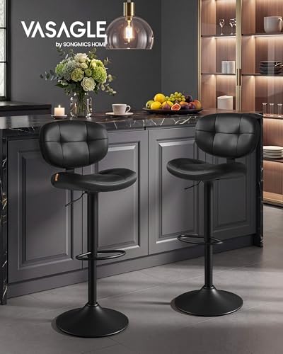Image of VASAGLE Bar Stools Set of 2, Height Adjustable Kitchen Barstools, Swivel Bar Chairs with Back and Footrest, Quilt PU Leather Surface, Dining Room, Counter, Steel, Ink Black ULJB150B101S