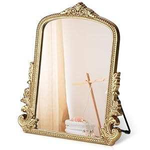 Vintage Makeup Mirror, Vanity Desk Mirror Antique Traditional Tabletop Mirror, Standing, Hang or Wall Mounted, Adjustable Dress-up Mirror, Gold Decor Mirror for Living Room,Bedroom (gold, 12*9.8 in)