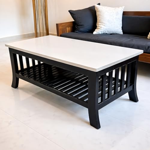 Image of WELLBORN Wooden Center Table /CoffeeTable /Sheesham Wood Tea Table for Living Room, Bed Room, Waiting Room, Hotels, Office, Restaurant, CAF (39.5xW20xH18 Inch) (White top & Black Base)