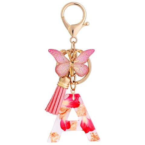 MWOOT Alphabet Initial Letter Keychain with Butterfly Tassel Pendant, Pink Resin Kawaii Key Ring Petals Charm for Women Girls Purse Bag Handbag Luggage Travel Decoration Cover