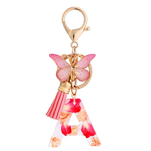 MWOOT Alphabet Initiale Lettre Porte-clés avec Papillon Pompon Pendentif, Alphabet Initial Letter Keychain Kit, Rose Résine Key Ring Charm pour Femmes Filles Sac à Main Bagages Décoration