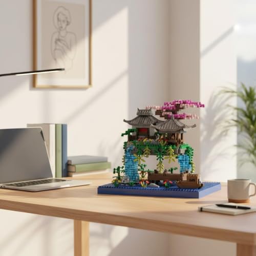 Image of SKY LINE OCEAN Cherry Blossom Bonsai Tree Building Set (920+ Pieces) with LED Lights & Pond | DIY Sakura Tree Display Model | Decorative Construction Toy for Ages 14+