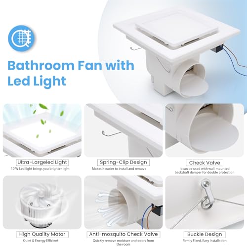 Ventilador de extracción para baño con luz LED, 110 CFM, 1.0 sones, ducto de 4 pulgadas, ventilador silencioso cuadrado para ducha miniatura 3