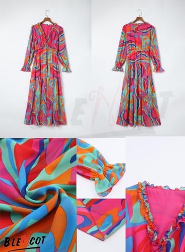 Image of BLENCOT Womens Casual Boho Floral Printed V Neck Long Sleeve Long Maxi Dress Spring Summer Dresses