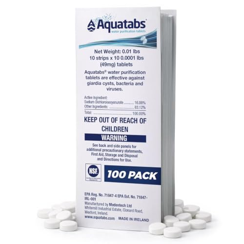 Image of Aquatabs 49mg Water Purification Tablets (100 Pack). Water Filtration System for Hiking, Backpacking, Camping, Emergencies, Survival, and Home-Use. Easy to Use Treatment and Disinfection.
