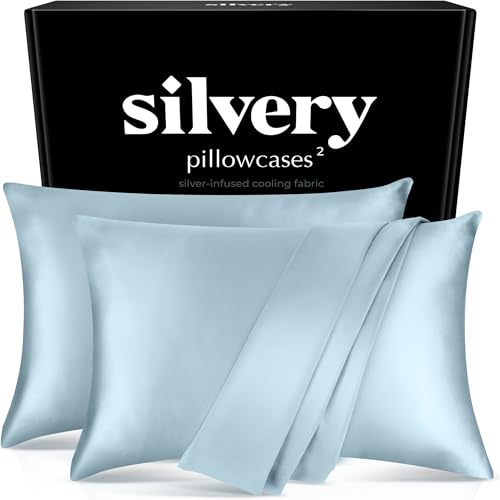 Silvery Silver Infused Pillowcase Set - 2 Pack Self-Cooling Pillowcases with Self-Cleaning Silvery Technology for Hygienic Sleep - Luxurious Silky Soft Comfort (Ice Blue King)