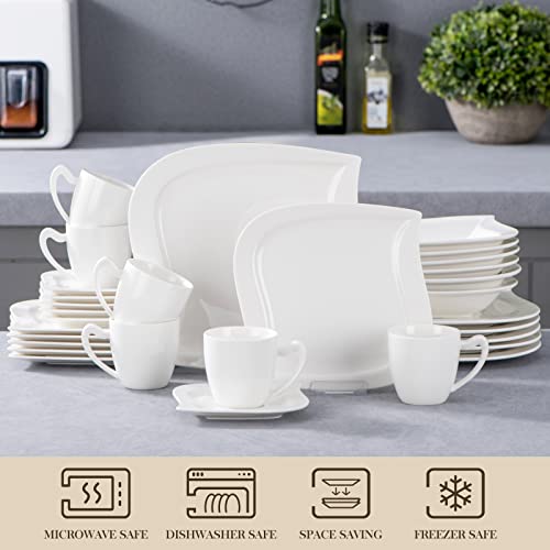 Malacasa Dinnerware Sets, 30 Piece Ivory White Plates And Bowls Sets For 6, Porcelain Square Dinnerware Set With Dinner Plate Set, Soup Bowl, Cup And Saucer, Kitchen Dish Set, Series Elvira #TOP3