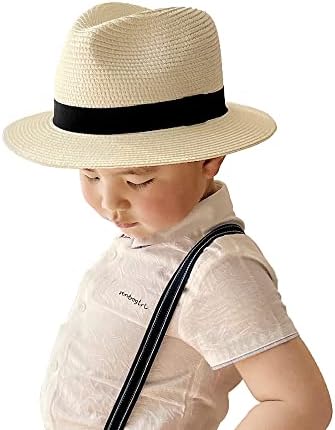 Straw Fedora Sun Hat for Kids Roll Up Short Brim Trilby Hat Panam...