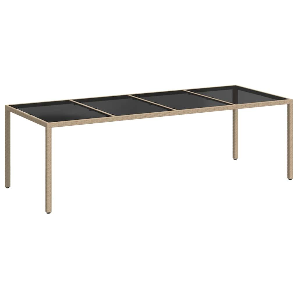 Mesa de jardín beige 250 x 100 x 75 cm con tablero de cristal templado y ratán sintético, resistente a la intemperie, marco de acero pulverizado, ideal para terraza, balcón y uso en