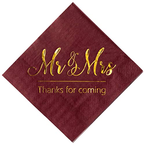Crisky Wedding Napkins Mr Mrs Terracotta Gold Cocktail Dark Red Napkins for Wedding Shower Engagement Party Decorations, 100 Pcs, 3-Ply