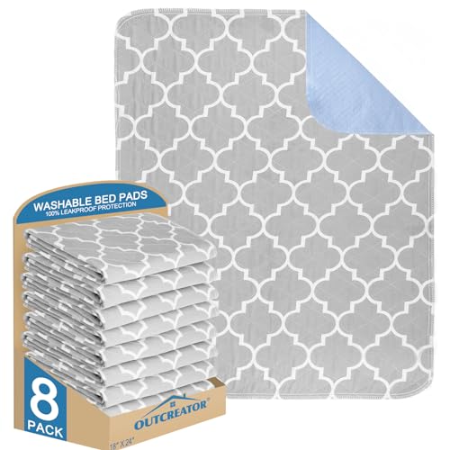 OUTCREATOR® Bed Pads for Incontinence Mattress Protector, 8 Pack Anti-Slip Waterproof Pads (18" x 24") for Toddlers Kids Adults Pets Pee Pads and Machine Washable Absorbency and Leak Proof Edge（Gray）