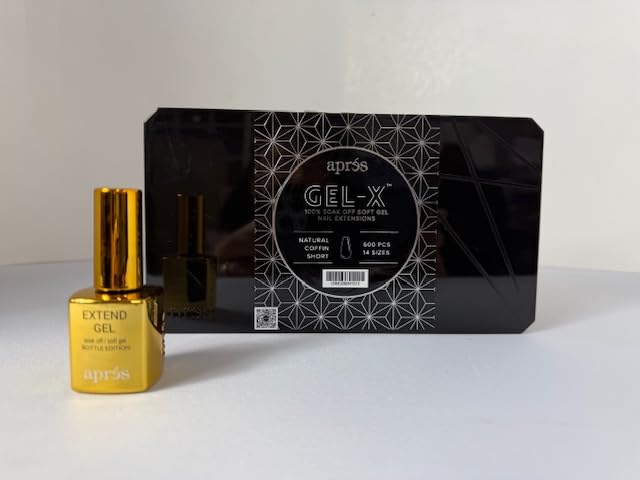 Aprés Nail Gel-X Natural Coffin Short Box of Tips & Extend Gel Bundle | Include 500 Tips & 15ml Extend Gel Gold Bottle | Premium Quality | 10 Sizes 0-9 | No size 00 included