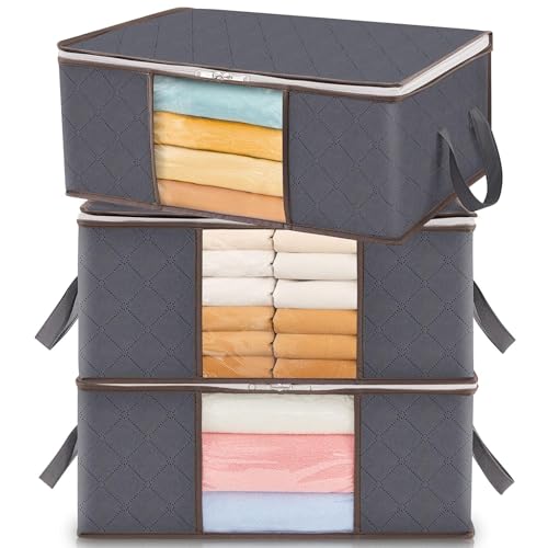 Lifewit Clothes Storage Bag Foldable Storage Bin Closet Organizer with Reinforced Handle Sturdy Fabric Clear Window for Sweaters, Coats, T-shirts, Blankets, 3 Pack, 35L, Grey