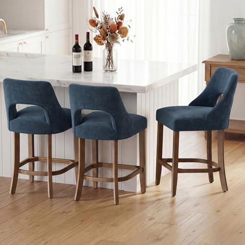 Image of UVV Bar Stools Set of 2, Upholstered Counter Height Bar Stools, Modern Counter Stools with Wood Legs for Kitchen Island Dining Room Bar, Navy Blue