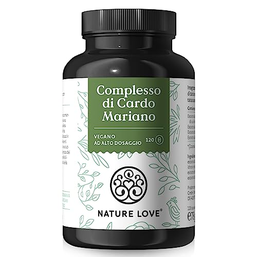 NATURE LOVE® Complesso di cardo mariano - 120 capsule - Cardo mariano, carciofo, tarassaco e desmodium - Ad alto dosaggio con l'80% di silimarina - Testato in laboratorio, vegano, prodotto in Germania