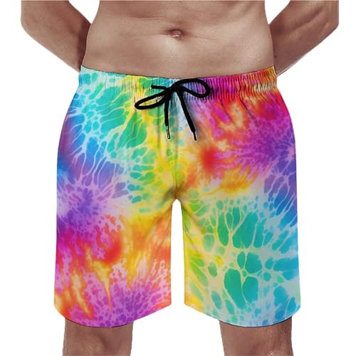Rainbow Tie Dye Mens Swim Trunks Quick Dry Beach Swimming Shorts with Pockets with Mesh Lining