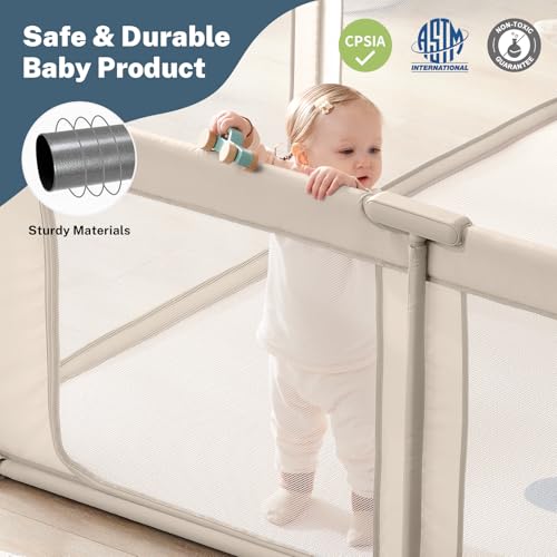 Image of Baby Playpen Portable, Pre-Assembled Play Pen 59x59 Large Foldable Playpen for Babies and Toddlers, Sturdy and Safe Toddler Play Yard Indoor Outdoor with Carry Bag,Khaki