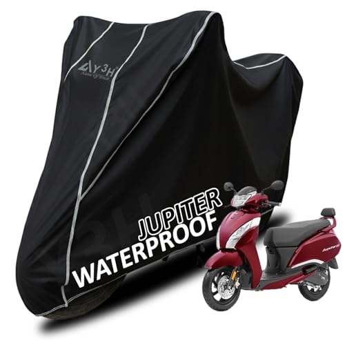 Image of Bike Body Cover TVS Jupiter Full Body Cover with Waterproof, Dust Proof, UV Rays Protective, Tripple Stitching & Lightweight Two Wheeler Covers - Black with Waterproof White Piping