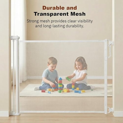 Image of Baybee Retractable Baby Safety Gate Fence for Kids & Pets | 140 cm Stretchable Mesh with Secure Childproof Lock | Foldable Drill-Mount Barrier for Door, Stairs & Kitchen (White)