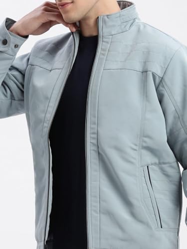 Image of SHOWOFFFF Men Solid Bomber Jacket | Mock Collar Full Sleeves Nylon Jacket for Mens | Slim Fit Regular Length Jacket for Men's