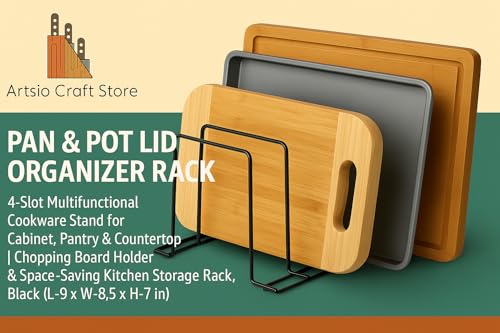 Image of Pan & Pot Lid Organizer Rack - Multifunctional Cookware for Cabinet, Pantry Chopping Board Holder, Space-Saving Kitchen Organizer, Black (L-9 x W-8.5 x H-7 Inches) (SMALL CHOPPING)
