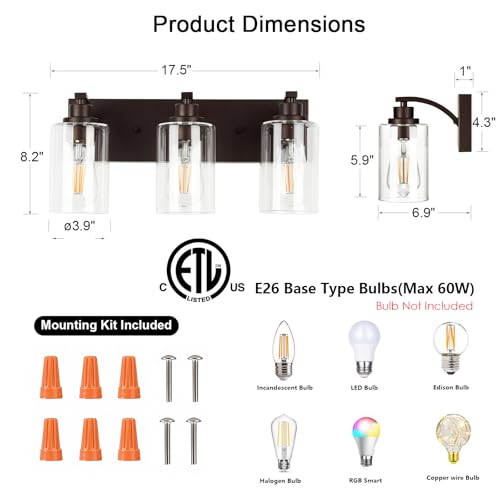 Image of 3-Light Bathroom Light Fixtures Modern ORB Vanity Lights | Easy to Install Clear Glass Shades, Wall Mount Up or Down, E26 Socket, Hardwired, 121V
