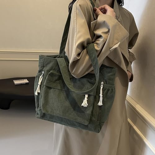 Bolso Tote grande de pana verde para mujer miniatura 7