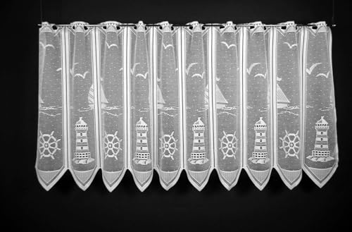 frankgardinen Scheibengardine Leuchtturm 60 cm hoch Weiß - Wunschbreite...