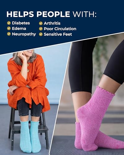 Image of Pembrook Frill Knit Diabetic Socks for Women & Men with Bamboo Viscose - 6 Pairs Non Binding Wide Neuropathy Socks for Women