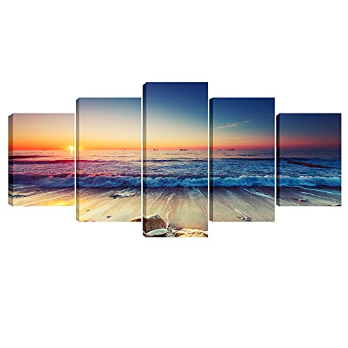 Pyradecor 5 Piece Extra Large Modern Seascape Artwork Gallery Wrapped Ocean Sea Beach Pictures Canvas Prints Waves Paintings on Canvas Wall Art for Living Room Bedroom Home Decorations XL