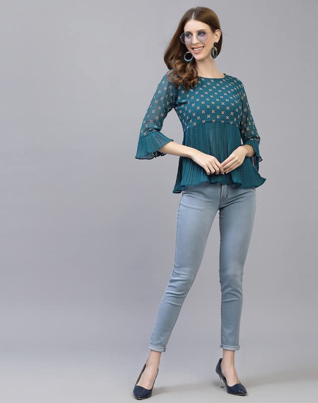 Image of Selvia Women's Georgette Round Neck Fit & Flare Top