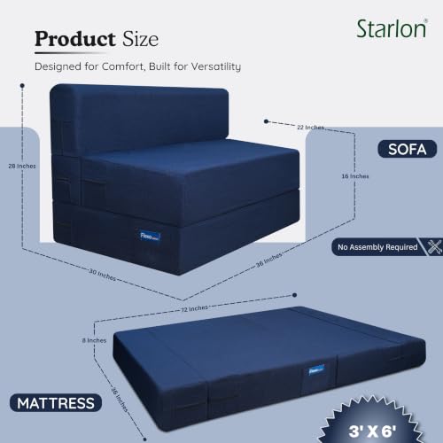 Image of Starlon 1 Seater Foldable Sofa Cum Bed 3-in-1 with Washable Jute Fabric Cover, Space Saving Guest Bed for Living Room & Apartment, Pre-Assembled Royal Navy Blue 3x6 Ft