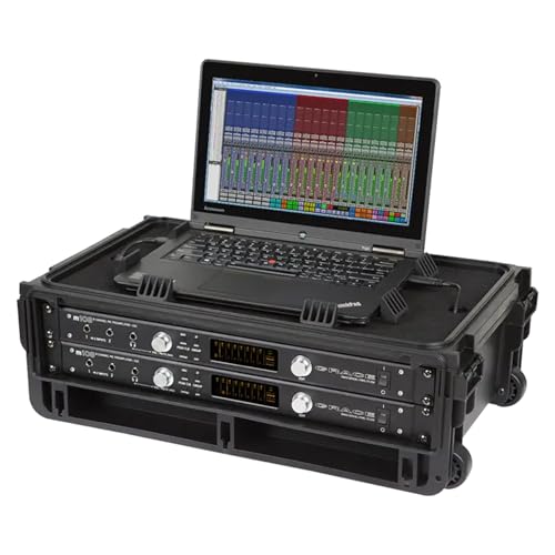 Image of SKB Studio Flyer Rack Case - 2U Waterproof Carry-on with Laptop Surface, Molded Rack Rails, Rubber Cleats and Quiet Wheels, Ideal for Musicians, Black | Injection-Molded Waterproof 2u Carry-on Case, 19x11 Laptop Surface, 11.46 Rack Depth, Quiet Wheels, Made in Usa