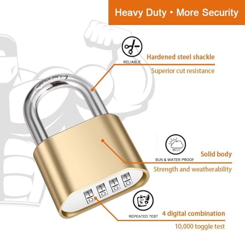 Image of Heavy Duty 4-Digit Combination Brass Padlock | Hardened Steel Shackle Weatherproof Security Lock | Sun & Water Resistant Lock for Gates, Locker, Shed & Storage (Gold)