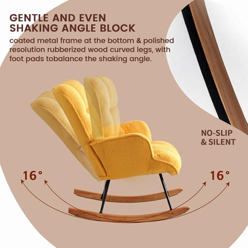 Image of SAETSFEG Rocking Chair Nursery Teddy Upholstered Glider Rocker Rocking Accent Chair Padded Seat with High Backrest Armchair Comfy Side Chair for Living Room Bedroom Offices (Golden Yellow Teddy)