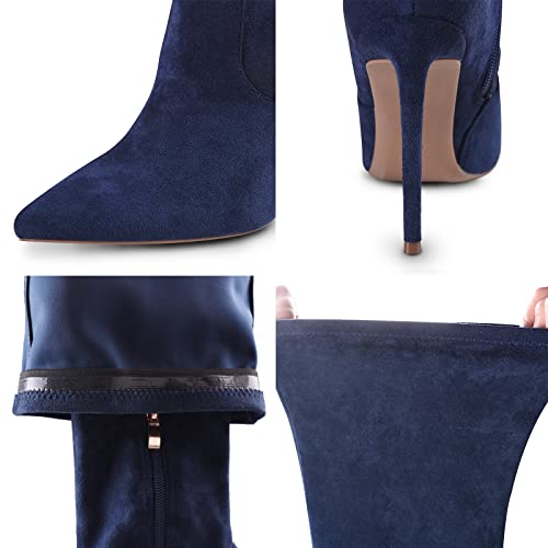 Elisabet Tang Women Over The Knee Boots,Sexy 4.3 Inch Stiletto High Heel Stretch Suede Thigh Long Boots Pointed Toe Over The Knee Booties Navy Blue Suede Size 8.5 #TOP3