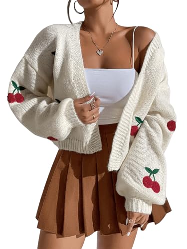 GORGLITTER Women's Cherry Cropped Cardigan Sweaters Open Front Long Sleeve Cute Chunky Knit Short Cardigan Trendy3