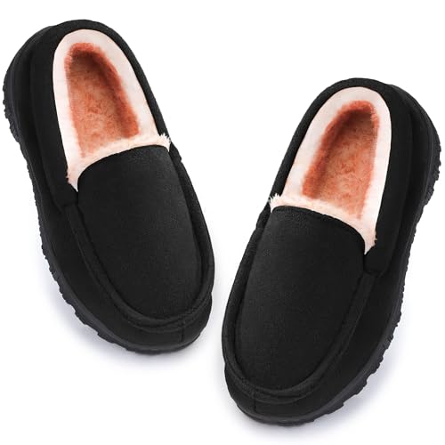 FUPPIA Boys House Slippers Memory Foam Moccasin Shoes Furry Plush Lining NonSlip Indoor Outdoor Boys Slippers for Little/Big Kids Black 12