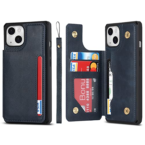 Étui portefeuille iPhone 14 avec fentes de cartes support béquille double fermoir magnétique