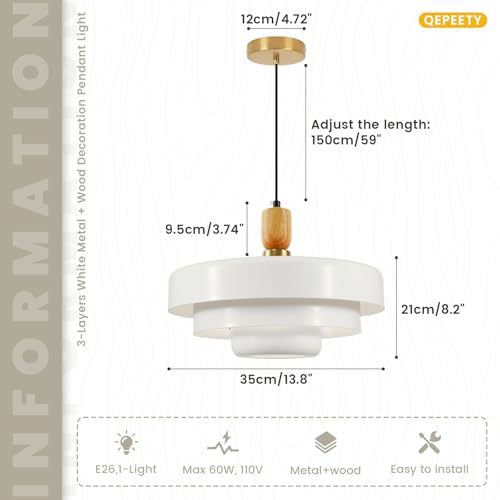 Image of Scandinavian White Adjustable Pendant Light, Wood Accent Minimalist Hanging Lamp for Modern Apartment, Kitchen Island, Dining Room, Breakfast Nook