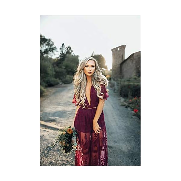 Eleter-Womens-Deep-V-Neck-Lace-Romper-Short-Sleeve-Long-Dress Eleter Women's Deep V-Neck Lace Romper Short Sleeve Long Dress(M,Wine Red)