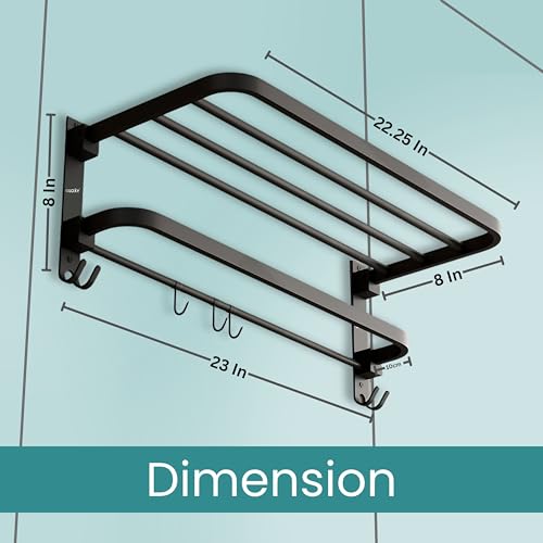 Image of Gloxy Premium Foldable Towel Rack in Bathroom with Towel Rod & Hooks Combo Pack of 2 - Stainless Steel Black Matte Finish Wall Mount Towel Stand /Towel Rod for Bathroom Fittings Accessories Set