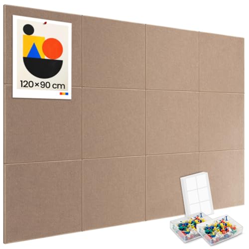 Lot de 12 grands tableaux muraux en liège - 120 x 90 cm - Avec 60 punaises - 50 pastilles adhésives sûres et amovibles - Tableau d'affichage décoratif pour le bureau, l'école et les loisirs